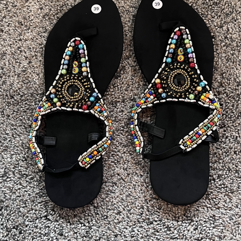 Colorful Beaded Black Sandals